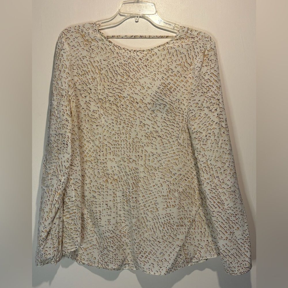 WHBM 100% Silk Long Sleeve Printed Sheer Blouse Top Back V Detail Size 14